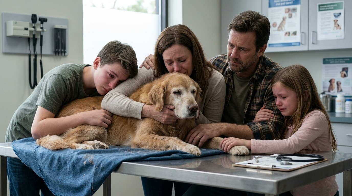 A family gathered around their golden retriever at the vet, holding him close as they say goodbye