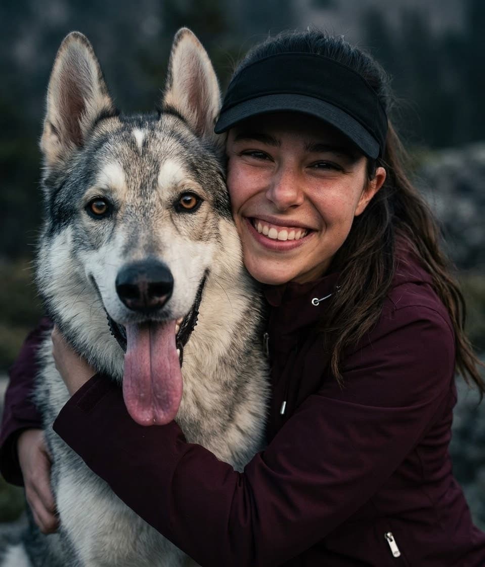 Shannon, the founder of dolēre, hugging a husky-type dog outdoors, both smiling